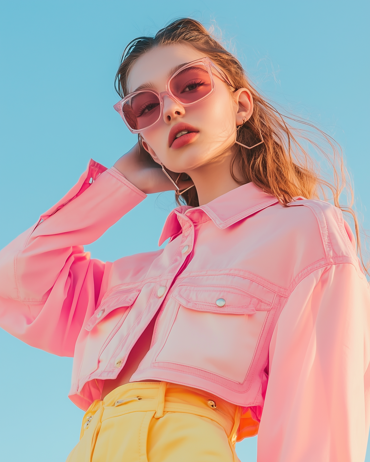 Portrait of a woman in pink sunglasses against a blue sky