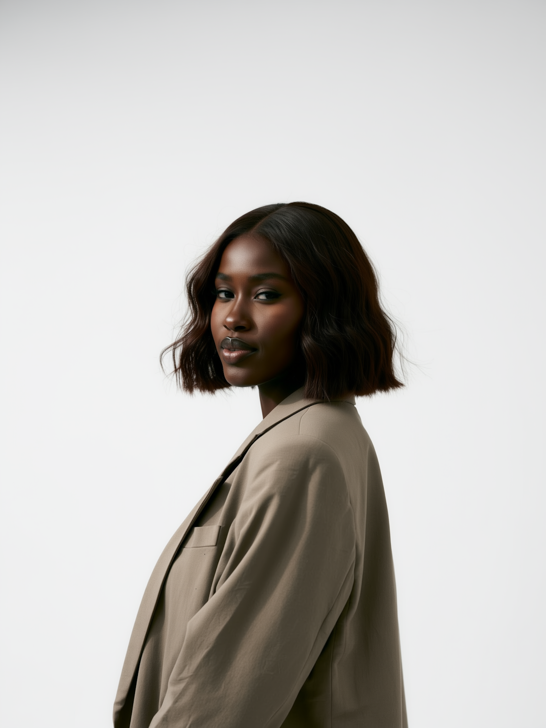 Studio portrait of a presenter in a beige blazer
