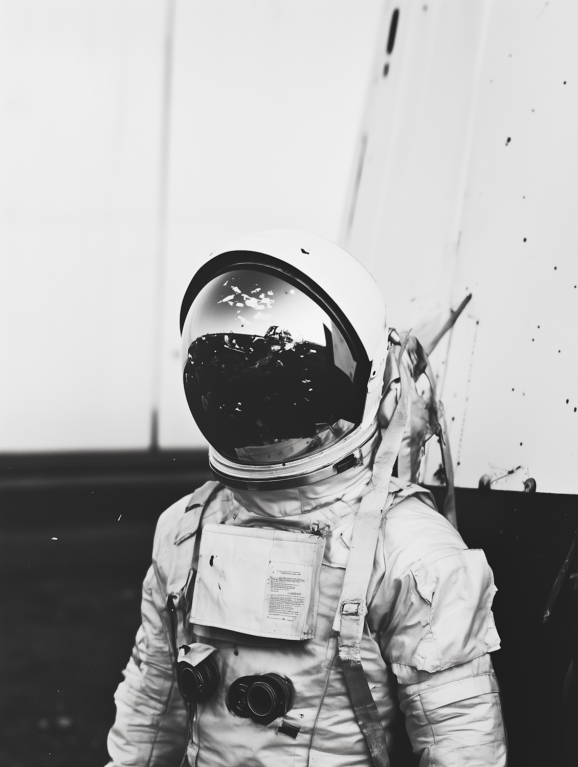 Astronaut in a reflective helmet beside a spacecraft