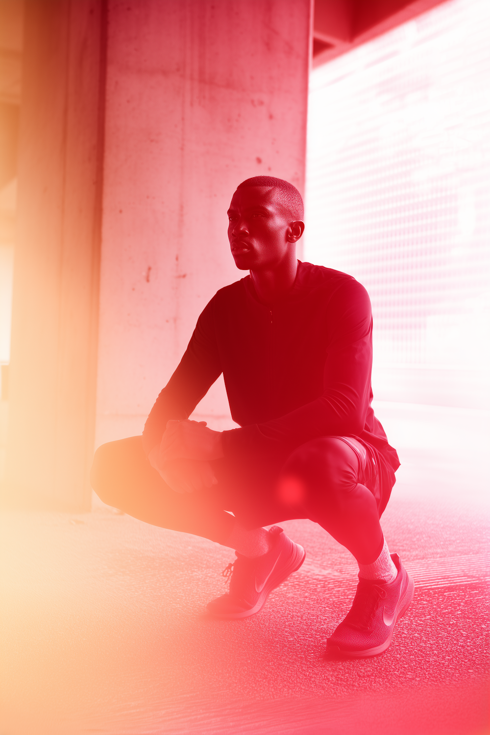 Athlete crouching under dramatic red and orange light