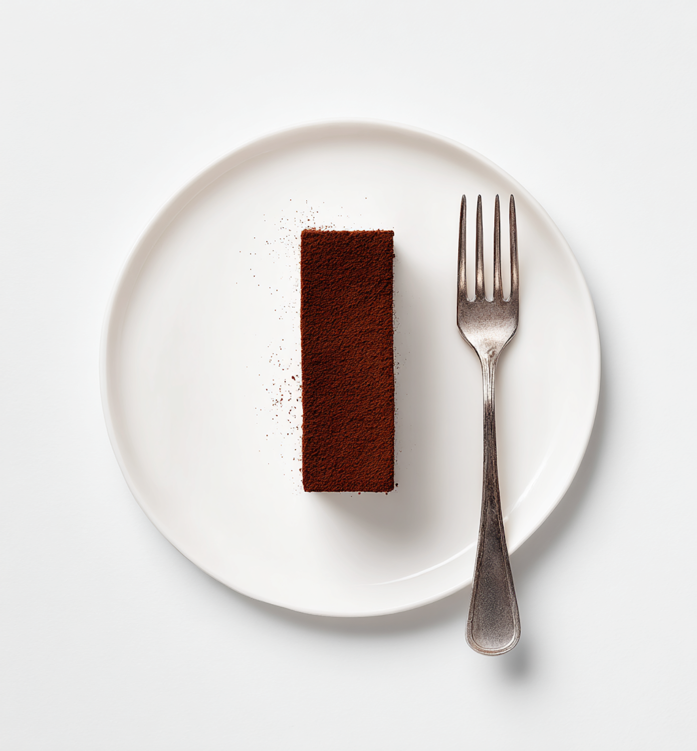 Cocoa dusted chocolate dessert on a white plate