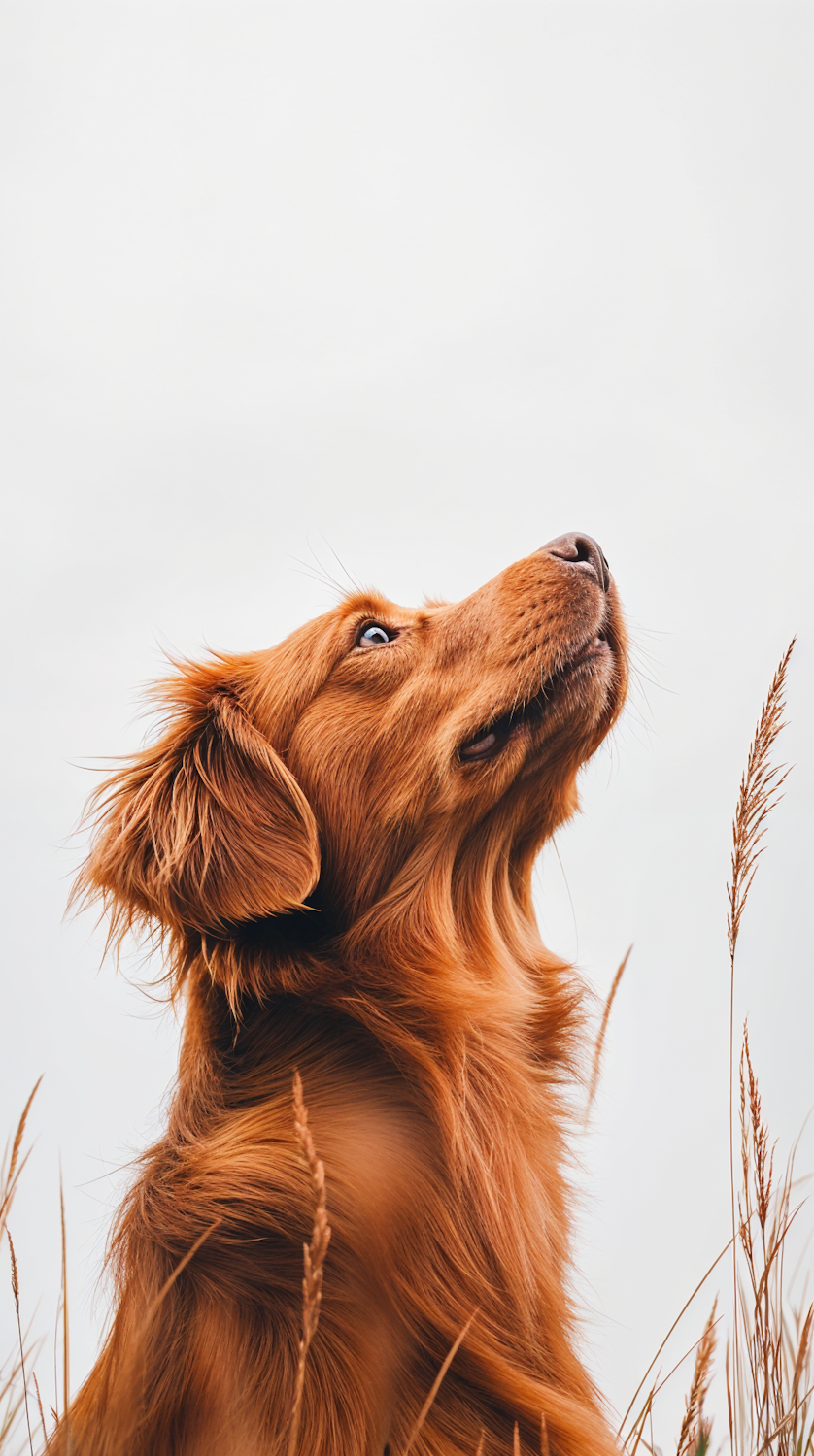 Golden retriever looking upward through tall grass